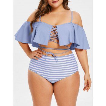 

Plus Size Lace Up Striped Panel Bikini Set, Lavender blue