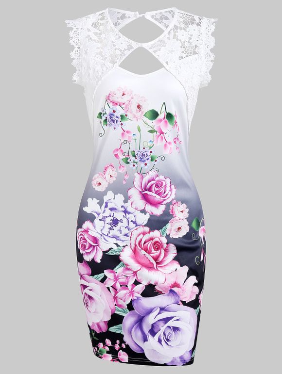 Robe Moulante Courte Motif Floral avec Empiècement en Dentelle - Blanc XL