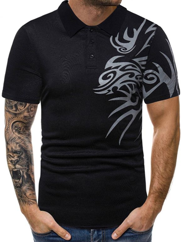 T-shirt Décontracté Dragon Imprimé à Manches Courtes - Noir S