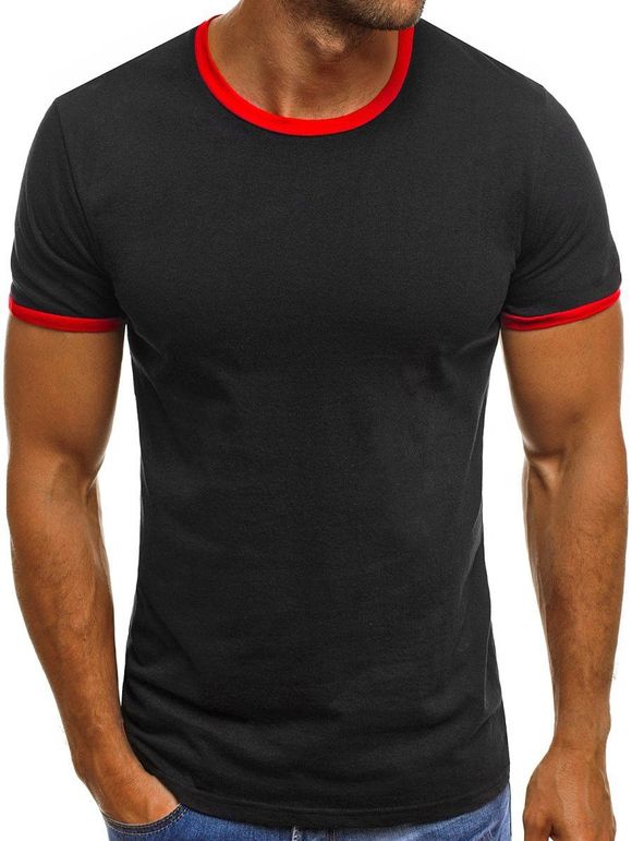 T-shirt Ourlet en Blocs de Couleurs à Manches Courtes - Noir 2XL