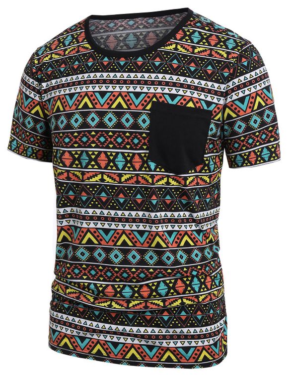 T-shirt Tribal Imprimé à Manches Courtes avec Poches - multicolor M