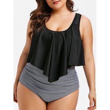 

Plus Size Ruffle Trim Striped Tankini Set, Black