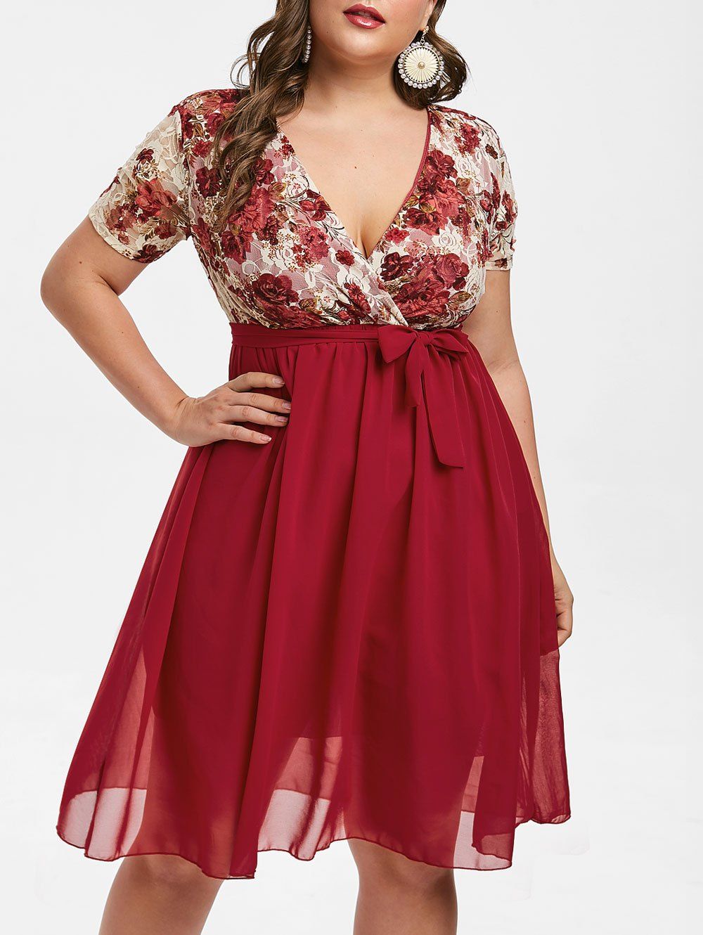 

Plus Size Floral Lace Insert A Line Dress, Red wine