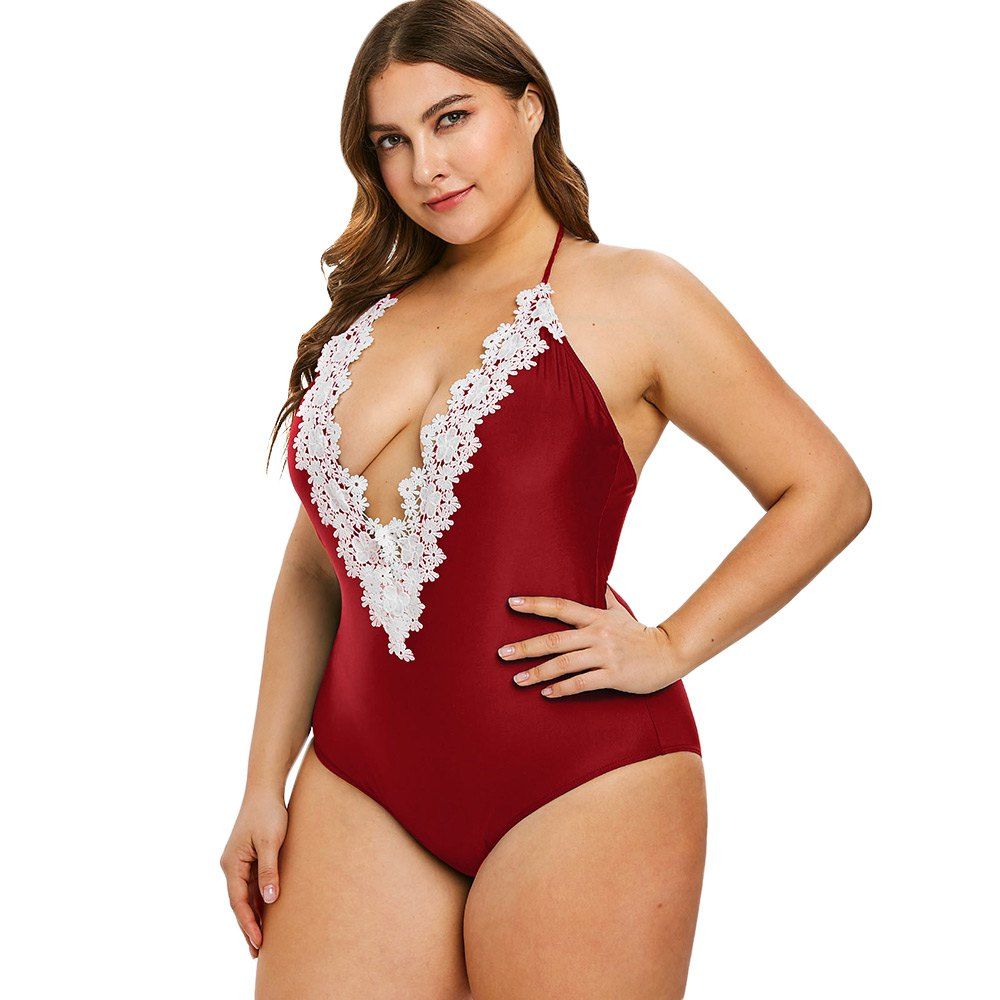 

Plus Size Halter Neck Applique Swimwear, Red wine