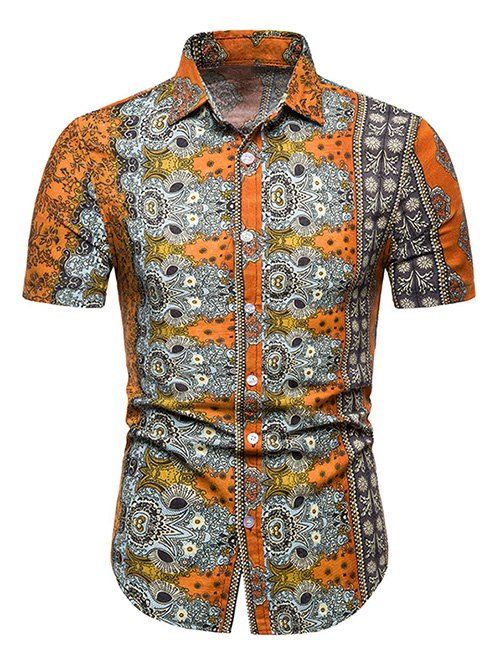 Chemises Ethnique Fleuri Ligne Design à Manches Courtes - Orange Tigre L