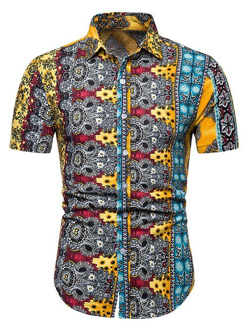 Chemises Ethnique Fleuri Ligne Design à Manches Courtes - Jaune 2XL