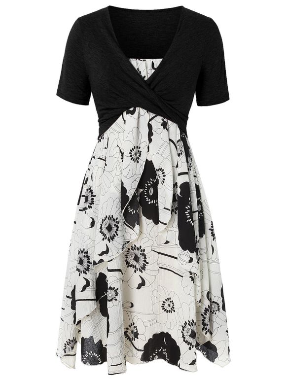 Robe Mi-Longue Superposée Imprimée de Grande Taille avec Haut Court Croisé - Nuit L