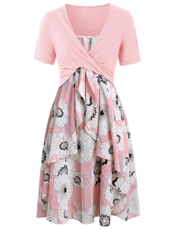 Robe Mi-Longue Superposée Imprimée de Grande Taille avec Haut Court Croisé - Rose Cochon L