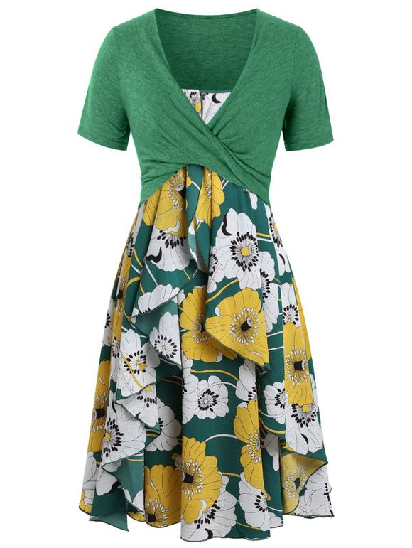 Robe Mi-Longue Superposée Imprimée de Grande Taille avec Haut Court Croisé - Vert Trèfle 3X