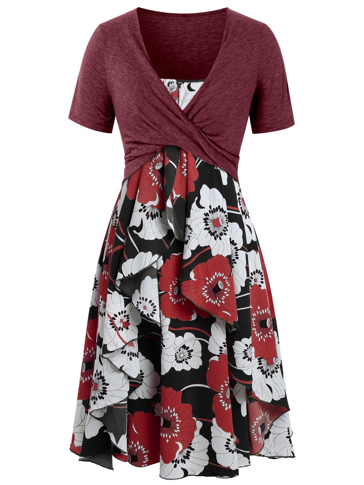 

Plus Size Floral Print Layered Cami Dress With Criss Cross Crop Top, Cherry red