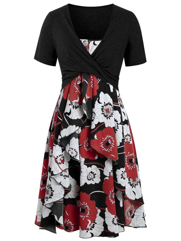 Robe Mi-Longue Superposée Imprimée de Grande Taille avec Haut Court Croisé - Noir L