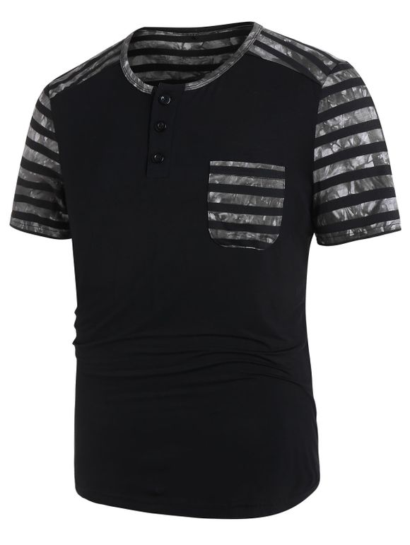 T-shirt Rayé Imprimé à Manches Courtes avec Bouton - Noir XL