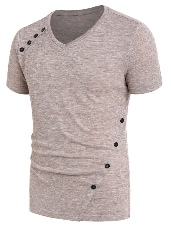 T-shirt Teinté Imprimé à Col V avec Bouton - Abricot 2XL