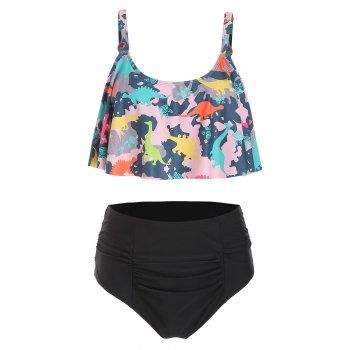 

Ruffled Dinosaur Print High Rise Bikini Set, Multicolor b