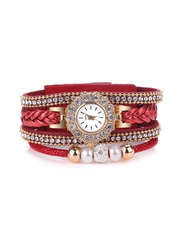 Strass montre de bracelet de perles multicouches - Rouge 