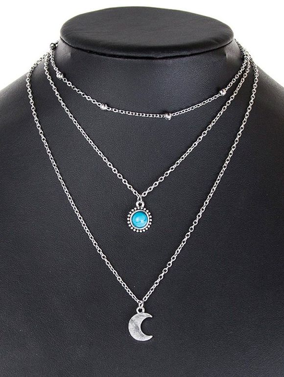 Layered Moon Faux Turquoise Necklace - SILVER 