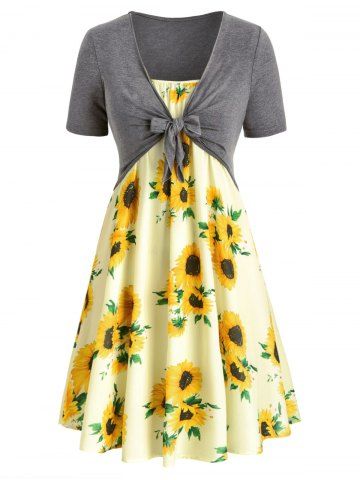 Plus Size Sunflower Print Dress With Front Knot Top