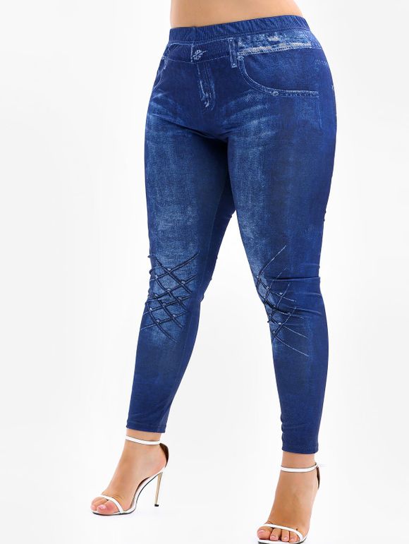 Legging Moulant 3D Jean Imprimé de Grande Taille - Bleu Cobalt L