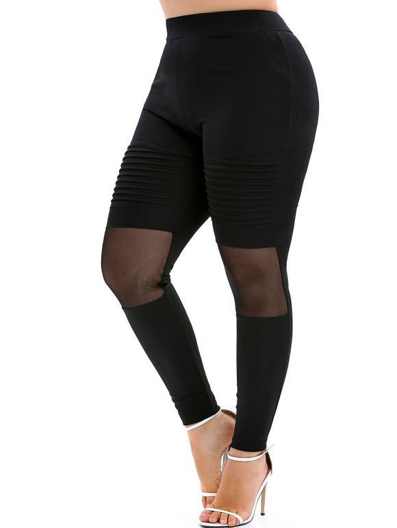 Legging skinny à empiècements en tulle transparent grande taille - Noir 5X