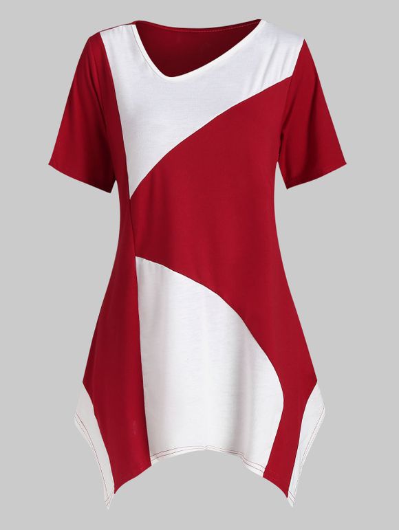 T-shirt Asymétrique en Blocs de Couleurs - Rouge Cerise 2XL