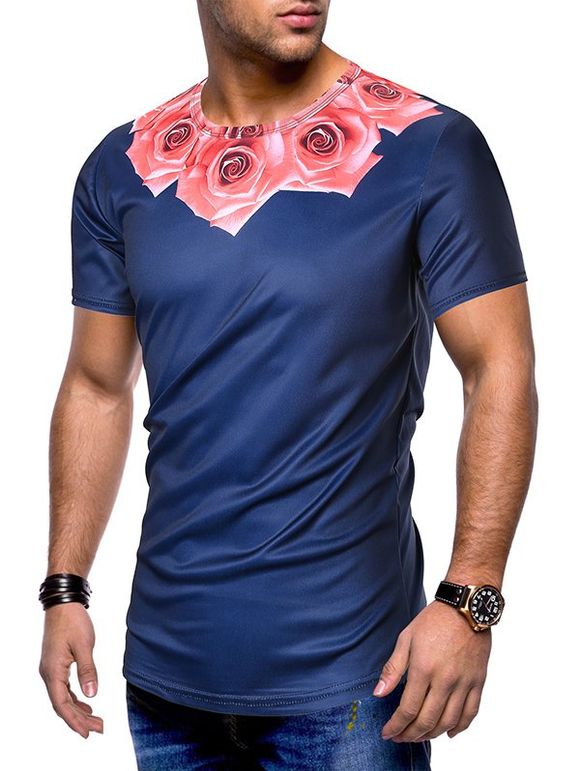 T-shirt Rose Fleur Imprimées à Manches Courtes - Cadetblue XL
