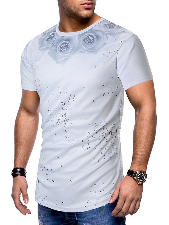 T-shirt Rose Fleur Imprimées à Manches Courtes - Blanc 2XL