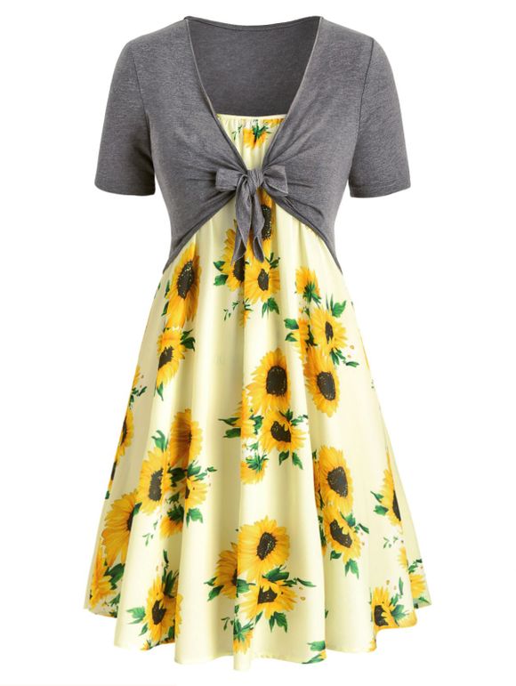 Robe à Imprimé Tournesol Nouée en Avant de Grande Taille Deux Pièces - multicolor L