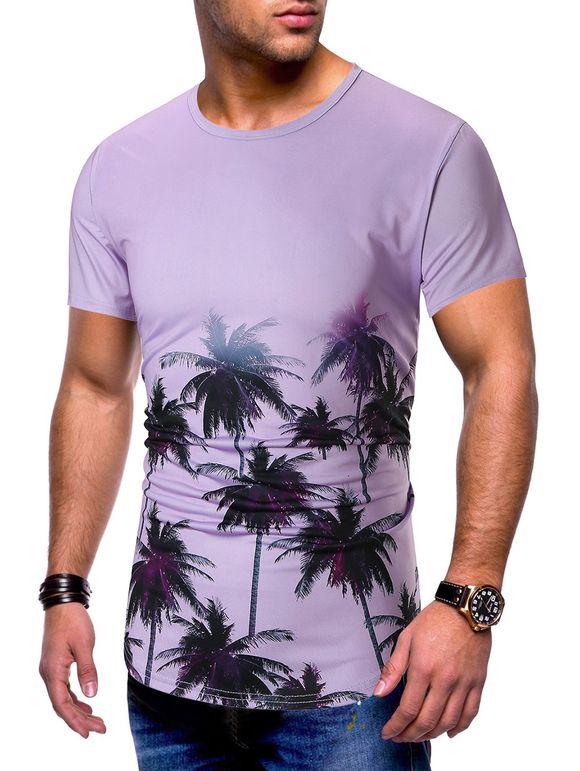T-shirt Cocotier Palmier Imprimés à Manches Courtes - Mauve 3XL