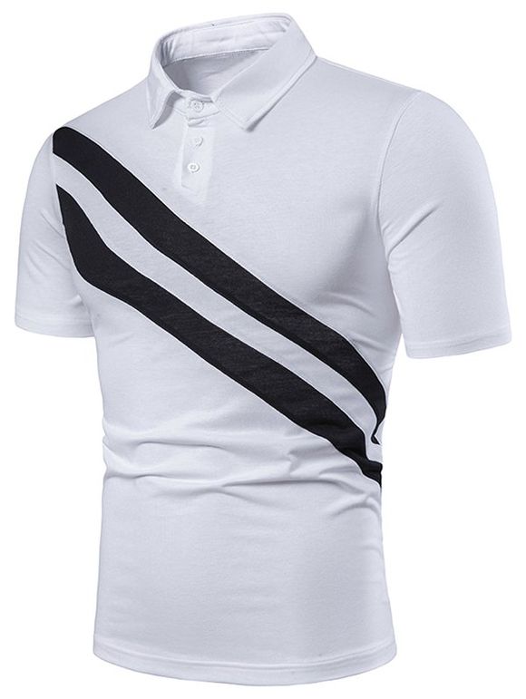 T-shirt Rayure Diagonale à Col Chemise - Blanc 2XL