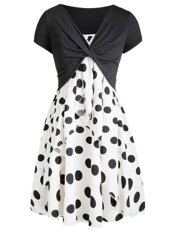 Vintage Polka Dot Overlap Cami Dress and Twisted Crop Top Twinset - BLACK L