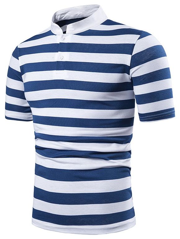 T-shirt Demi-Bouton à Rayure Large - Bleu Marine L