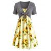 Robe à Imprimé Tournesol Nouée en Avant de Grande Taille Deux Pièces - multicolor L