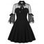 Mesh Panel Bowknot Flare Dress - BLACK S