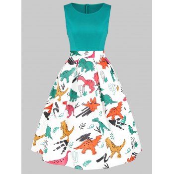 

Round Neck Dinosaur Print Flare Dress, Macaw blue green