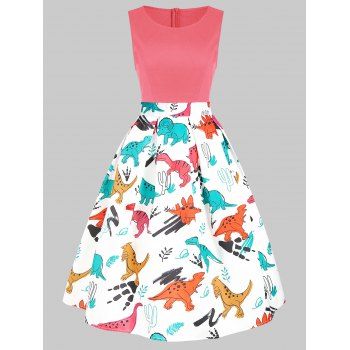 

Round Neck Dinosaur Print Flare Dress, Flamingo pink