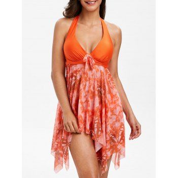 

Bowknot Printed Asymmetric Tankini Set, Basket ball orange