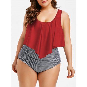 

Plus Size Ruffle Trim Striped Tankini Set, Lava red