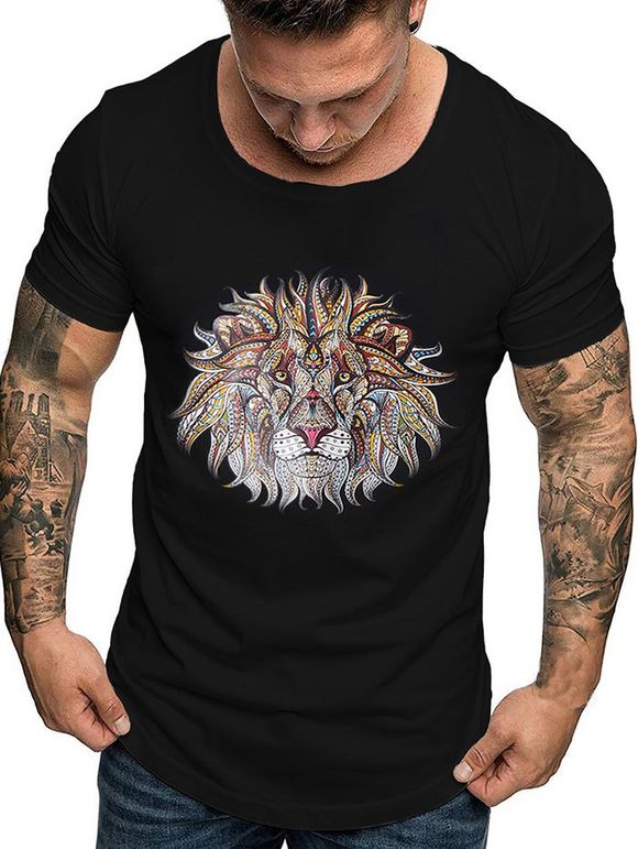 T-shirt Lion Imprimé à Manches Courtes - Noir L