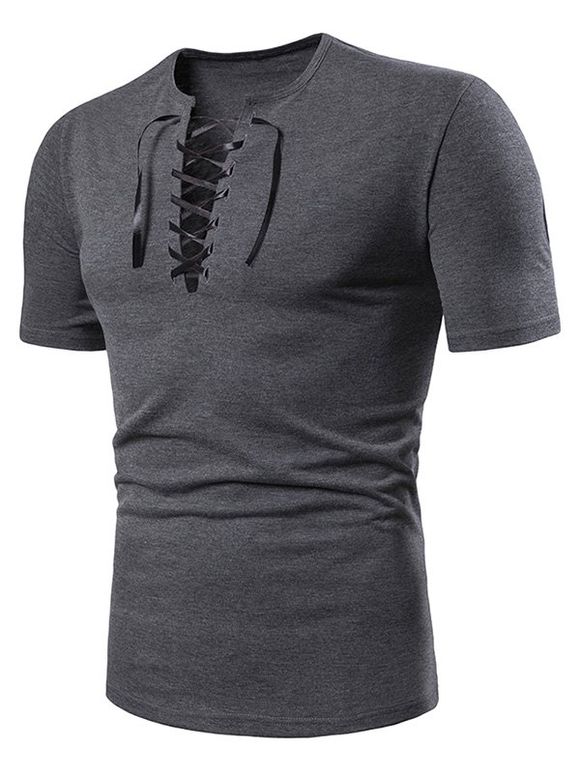 T-shirt à Lacets de Couleur Unie pour Homme - Gris XL