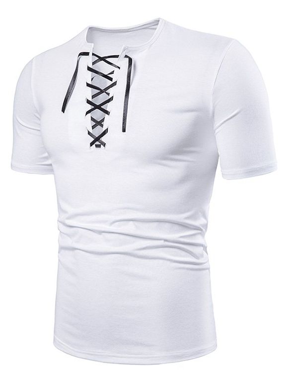 T-shirt à Lacets de Couleur Unie pour Homme - Blanc 2XL