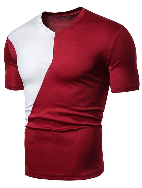 T-shirt en Blocs de Couleurs Design à Manches Courtes - Rouge Vineux 3XL