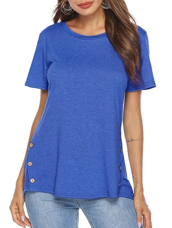 T-shirt Haut Bas Embelli de Bouton - Bleu de Soie XL