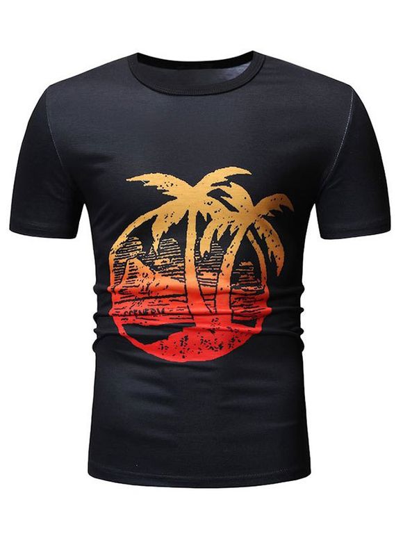 T-shirt Motif de Cocotier à Manches Courtes - Noir XL