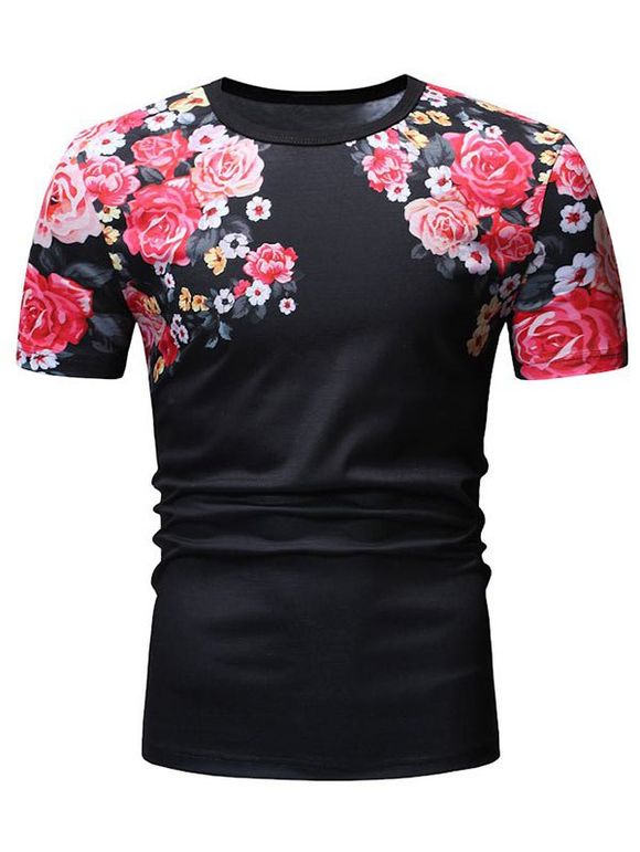 T-shirt Motif de Fleur à Manches Courtes - Noir XL