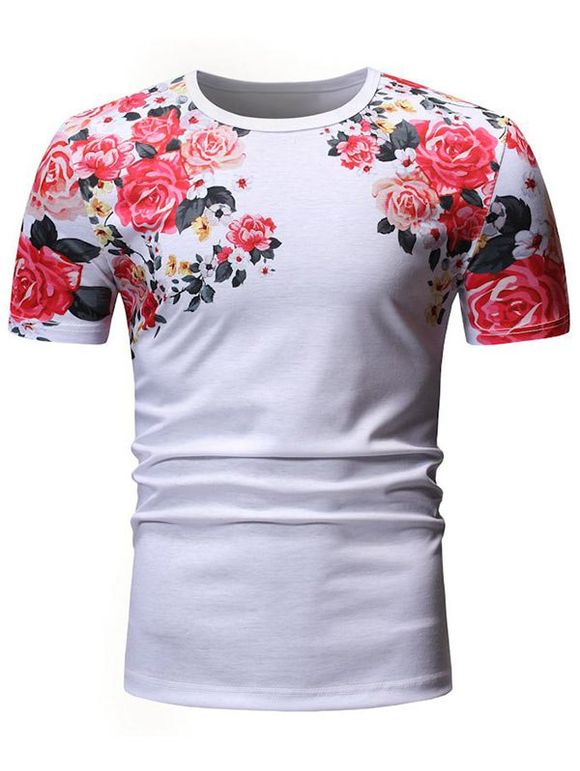 T-shirt Motif de Fleur à Manches Courtes - Blanc 3XL