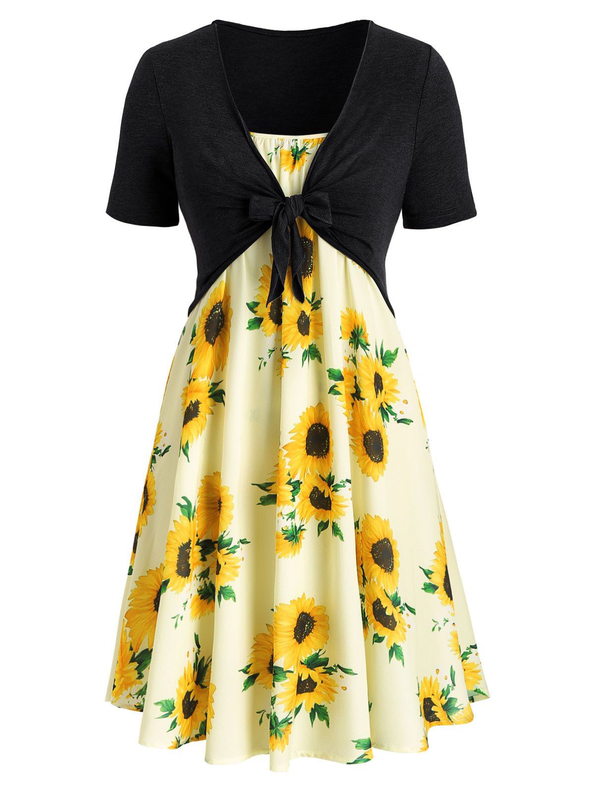 

Plus Size Sunflower Print Dress With Front Knot Top, Multi-d