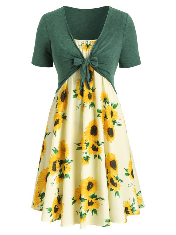 Robe à Imprimé Tournesol Nouée en Avant de Grande Taille Deux Pièces - multicolor C 2X