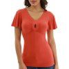 T-shirt Evidé en Couleur Unie à Col V - Orange Citrouille 3XL