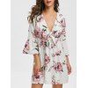 Flare Sleeve Knotted Floral Print Dress - WHITE L