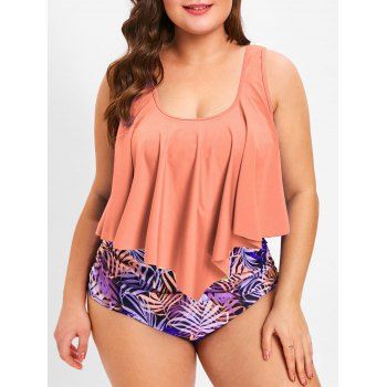 

Plus Size Padded Printed Tankini Set, Light coral